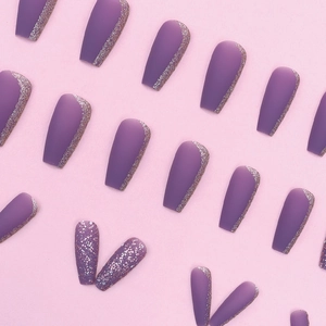 Matte grape purple ballerina press-on nails with glitter accents and silver shimmer finish