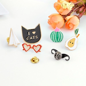 Cartoon Brooch Pins Enamel Alloy Cat Cactus Pear Ice Cream Plane Heart Glasses Mustache Cute Decorative Badge