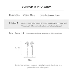 Size chart showing earrings dimensions 8.5cm by 2.5cm and zircon copper material info