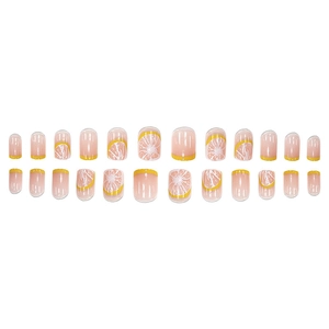 Fresh summer lemon pattern press-on nails with yellow French tips and pink gradient base