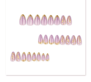 Macro detail of 24pcs purple cat eye almond fake nails with golden butterfly and french tips