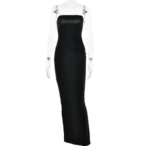 Elegant black slim fit maxi dress with sparkling straps and waist knot detail