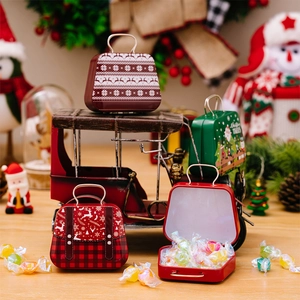 Mini Christmas tin suitcase gift box with snowman and reindeer patterns and handle