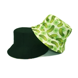 Double-sided bucket hat featuring cucumber print and solid color for outdoor sun protection