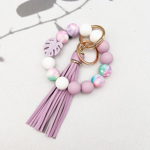 Boho Silikon Perlen Schlüsselanhänger Armband Mit Kunstleder Quaste Monstera Blatt Anhänger Bedruckter Schlüsselring Für Damen