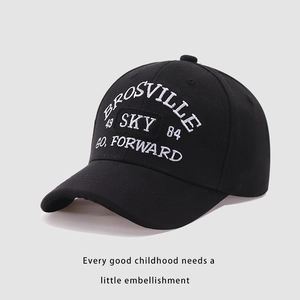 Detail of black baseball cap with white embroidered letters and numbers on crown