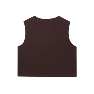 Back view of a classic brown sleeveless vest top with button detailing on a white background
