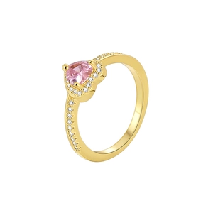 Elegant gold heart ring with pink zircon gemstone and side diamond accents on white background