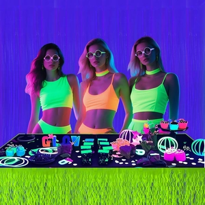 Neon glow party kit with fluorescent glasses and decorations for vibrant event night backdrops
