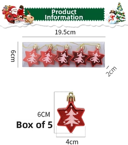 Detailed view of 5-pack red star ornaments with white tree motif and size dimensions