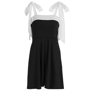 Summer A-line mini dress with black and white contrast design and ribbon bow straps