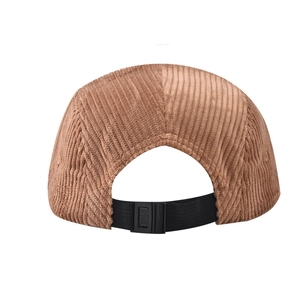 Detailed back view of brown corduroy 5-panel cap with adjustable black strap closure
