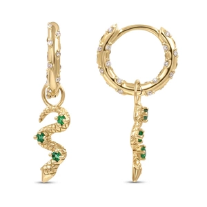 Detailed close-up of S925 silver hoop earrings with emerald green snake pendant charms