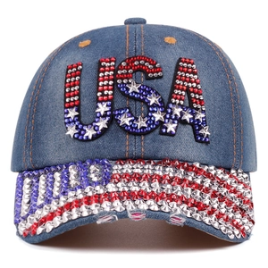 Fashionable denim baseball cap featuring USA rhinestone lettering and flag-inspired decor