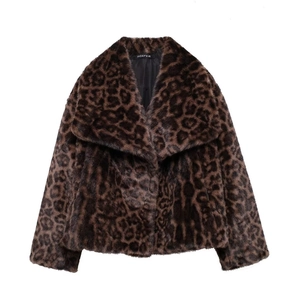 Close-up of the leopard print faux fur texture and lapel design on this short coat
