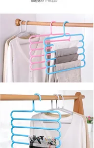 Space-saving 5-tier multi-functional pants hanger in pink and blue for closet storage