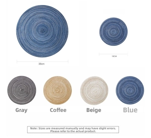 Detailed size guide for woven round placemats in grey, coffee, beige and blue colors