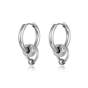 Men's silver titanium steel earrings with pavé crystal ball and hoop drop design