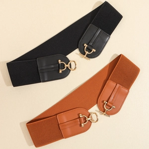 Fashionable elastic wide waist belts for women in black and brown with gold metal buckles
