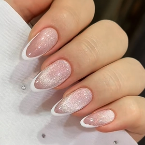 Long Almond Press On Nails Cat Eye Magnetic Glitter Nude Pink With White French Tip Fake Nails For Women Daily Wear