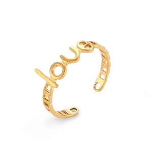 Minimalist gold hollow LOVE letter stainless steel open ring for women on white background