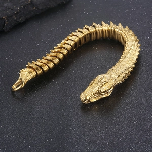Bracciale drago dorato in acciaio inossidabile con squame realistiche e snodi mobili