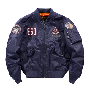 Navy blue men's bomber jacket with military embroidery and classic orange lining