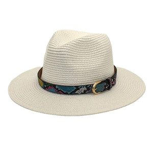 Mens and womens wide brim straw sun hat with colorful snakeskin band and gold buckle