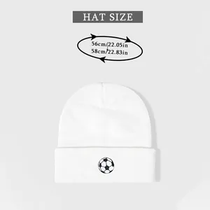 Size chart showing 56-58cm head circumference for the white embroidered soccer beanie