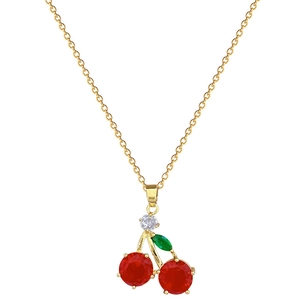 Luxurious titanium steel necklace with sparkling red crystal cherries and green leaf pendant