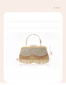 Detail of gold fringe evening clutch bag with rhinestones and 23.5x12x5cm dimensions
