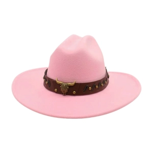 Pink felt western cowboy hat with brown leather band and metallic bull head ornament