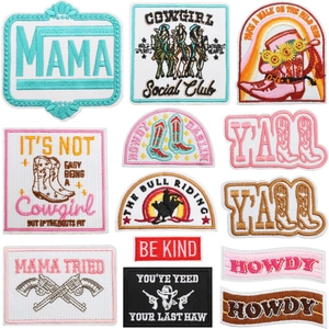 Set of 13 colorful western cowboy themed embroidered patches for iron-on clothing repair