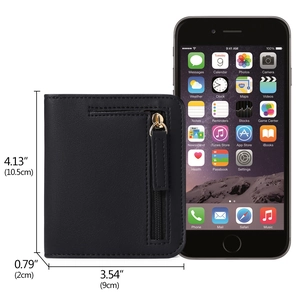 Slim black PU leather short wallet for women with zipper and size comparison guide