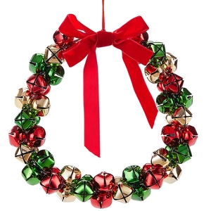 Christmas bell wreath with red velvet bow and colorful metal bells for festive decor