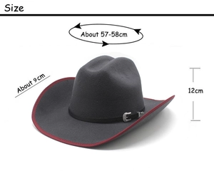 Guide des tailles pour chapeau de cowboy en feutre gris à bord rouge avec mesures détaillées