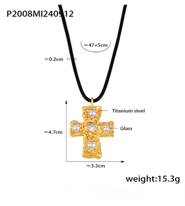 Detail of 18K gold plated titanium cross pendant with glass insets and size dimensions