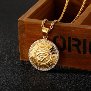 18K gold plated Horus eye pendant necklace with sparkling crystals and rope chain
