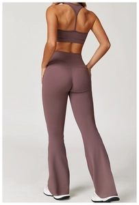 Rear view of high-waist yoga set featuring racerback bra and flared sports leggings