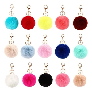 Set of 15 colorful 8cm faux rabbit fur ball keychains with golden metal ring and lobster clasp