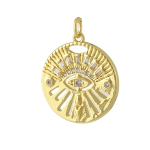 Macro detail of 18K gold plated evil eye pendant with sparkling cubic zirconia stones