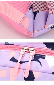 Detail of pink mesh fabric and durable metal double zippers on girls school backpack