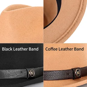 Winter wool felt jazz hat with retro leather belt and metal M buckle detail view