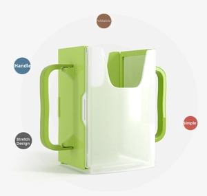 Close-up of adjustable milk box holder with folding handles and stretchable design