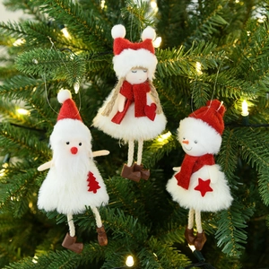 Three plush Christmas tree ornaments featuring Santa, snowman, and girl with warm lights