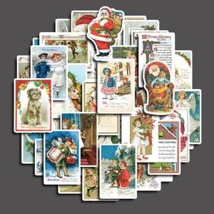 Vintage Victorian Christmas stickers set with multi-color Santa Claus and Merry Christmas text