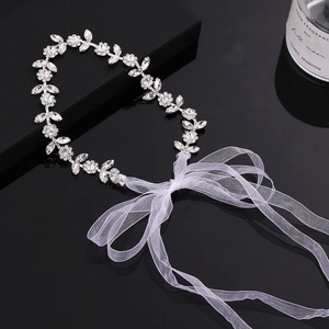 Bandeau De Mariée En Strass Alliage D'argent Fleur Feuille Serre-Tête Avec Ruban Blanc Coiffe De Mariage Bohème Pour Femmes