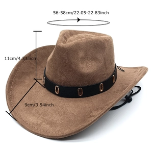 Brown faux suede cowboy hat with gold metal buckle band and 56-58cm head size
