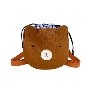 Cute brown bear shaped kids crossbody bag with orange strap and drawstring lining