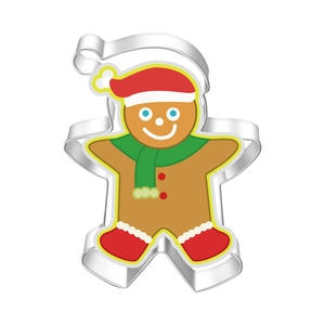 Detail of gingerbread man stainless steel cookie cutter with festive painted illustrations